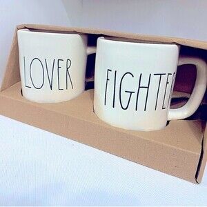 Rae Dunn Lover & Fighter Ceramic Coffee Mug Set